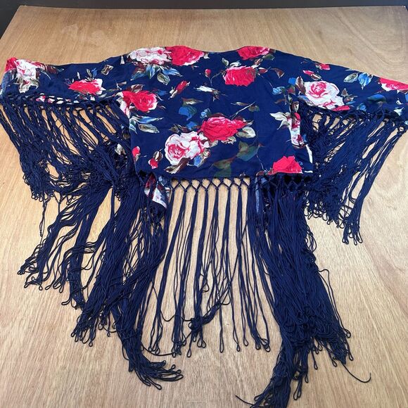Umgee Kimono Womens M L Navy Floral Fringe Boho Festival Open Front - Picture 4 of 5